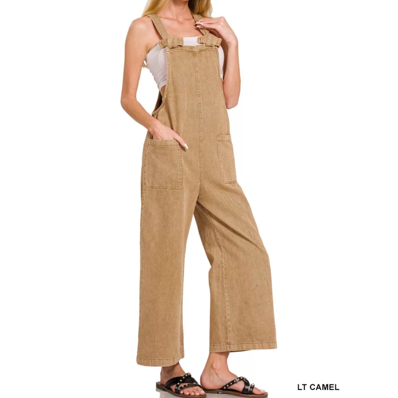 Zenana Light Camel Washed Cotton Knot Strap Wide Leg Pocket Jumpsuit Overalls